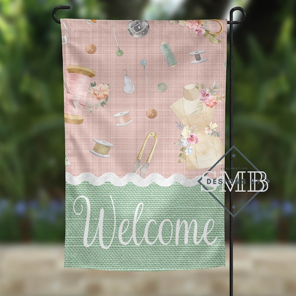 Digital JPEG, Set of 2 | Sewing Garden Flag | Welcome | Blank version | Fabric theme, Ric Rac, | Sublimation design download, High Quality,