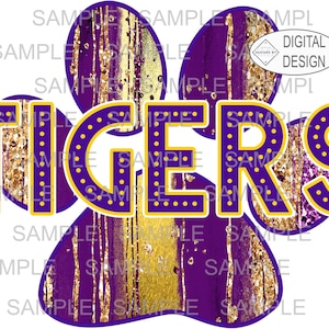 Digital Tigers Paw, Purple and gold, Faux Glitter Grunge, Tiger Paw,  Sports,  Sublimation,  Digital Design Download PNG