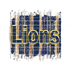 Könnte beinhalten: Goldener Glitzer- und blauer Aquarellhintergrund mit dem Wort "Lions" in goldener Umrandung.