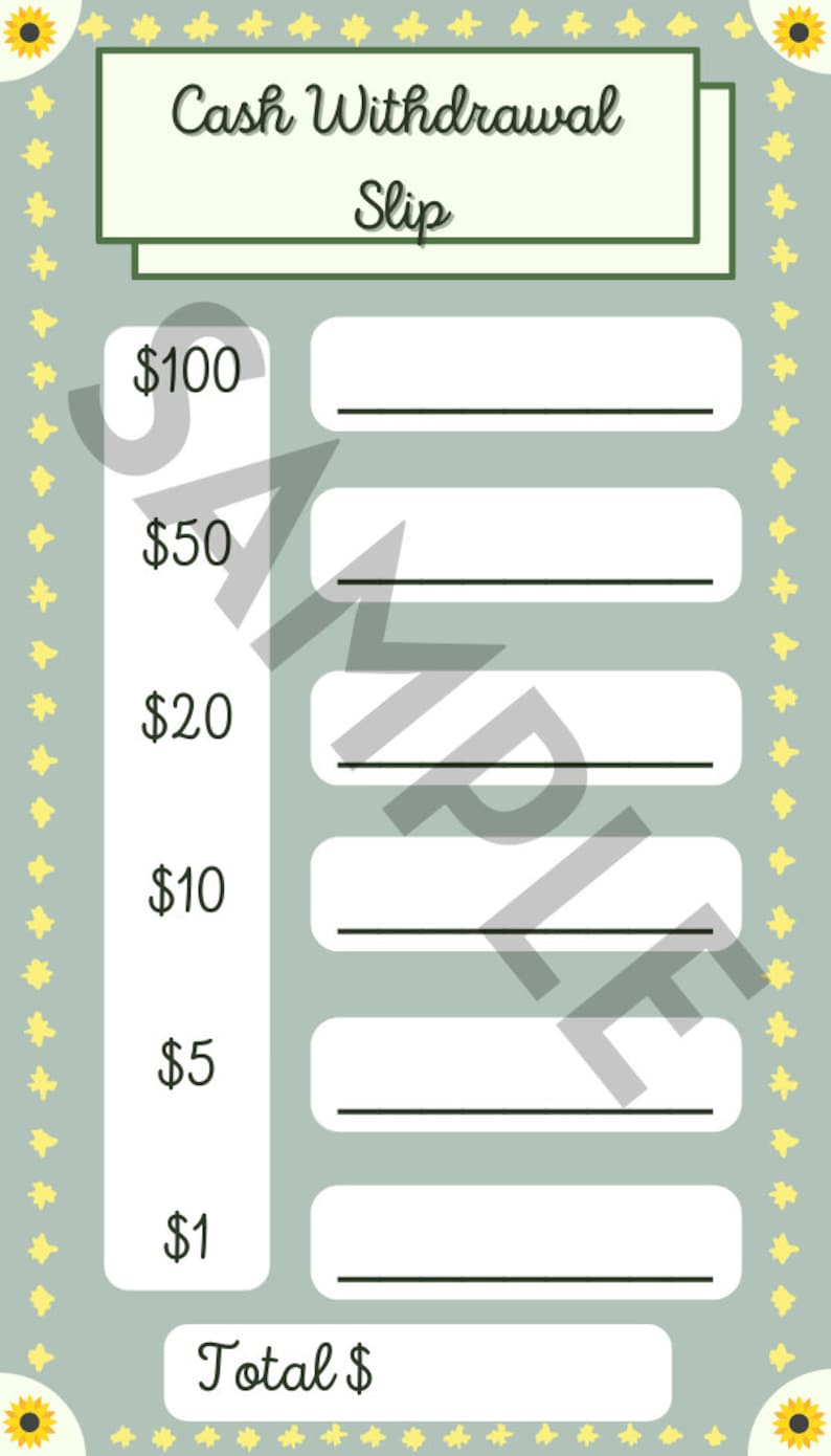Printable PDF Cash Withdrawal Slips for Normal Cash Based Zero Etsy