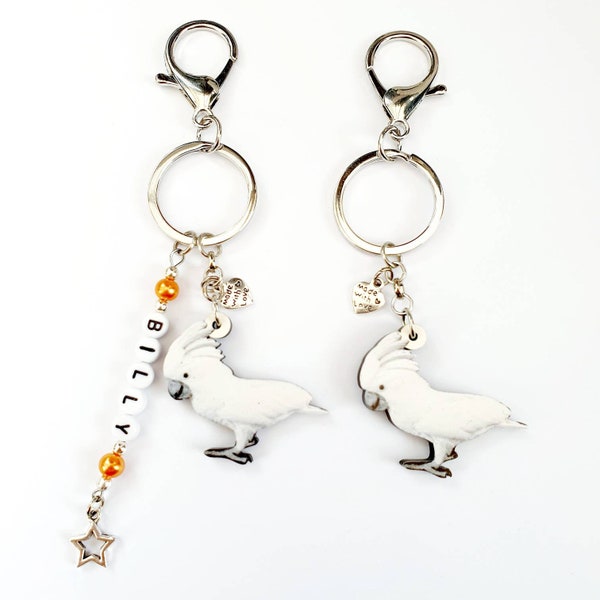 Umbrella Cockatoo parrot sturdy  keyring / bag charm, personalised or plain,  complete with gift wrap, gift  bag and gift tag if required