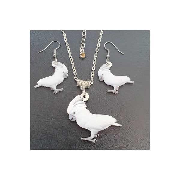 Cockatoo parrot necklace & earring set, with little  gem to extension chain, includes FREE gift wrap and bag and gift tag if required