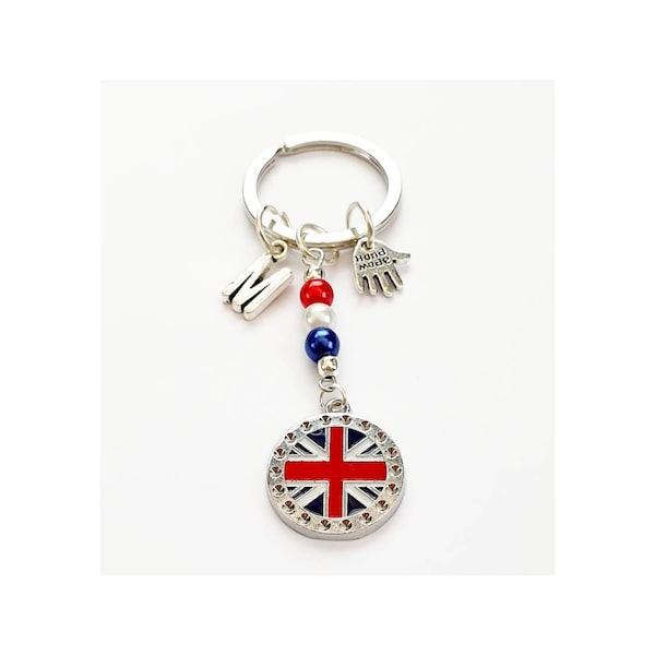 Union Jack personalised initial keyring, beads and three charms, includes gift wrap, gift bag & gift tag if required