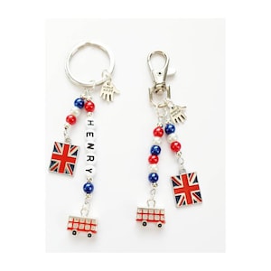 London themed keyring or bag charm, plain or personalised, union jack & london bus charms, king charles coronation gift, gift wrap, gift bag