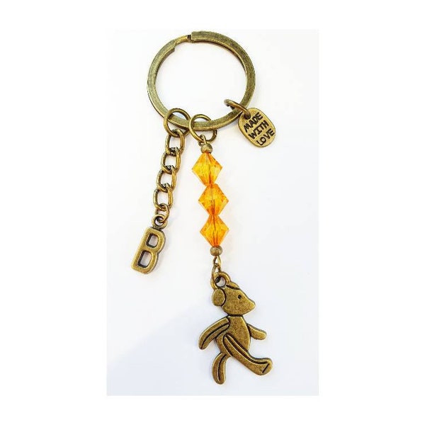 Teddy bear  personalised initial keyring, Handmade in antique bronze with beads and charms,  includes gift wrap, gift bag & gift tag