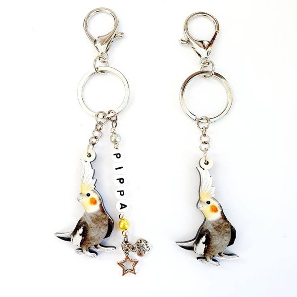 Cockatiel  keyring / bag charm, Plain or personalised, complete with free gift wrap,  gift bag and gift tag if required