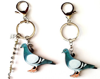 Racing / homing pigeon keyring / bag charm, Plain or personalised, complete with free gift wrap,  gift bag and FREE UK POSTAGE