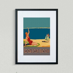 May include: A vintage travel poster featuring a woman in a red swimsuit on a beach with the text "(Monte Carlo) (Stacked"