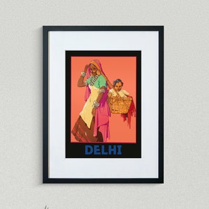 Delhi Impresión de viaje - cartel de viaje asiático - impresión de viaje indio - cartel de la madre y el niño - cartel de viaje vintage - impresión de viaje enmarcado