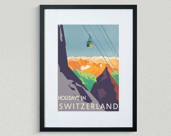 Switzerland Travel Print - European Travel Poster - Switzerland Gondola - Vintage Travel Poster - Framed Travel Print