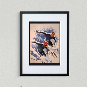 New York Travel Print - Skiing Poster - Vintage Travel Poster - Framed Travel Print
