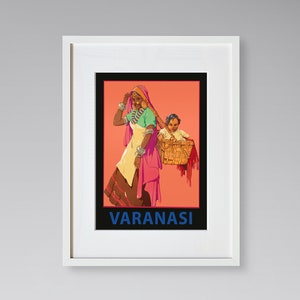 Varanasi Travel Print - Cartel de viaje asiático - Impresión de viajes india - Cartel de la madre y el niño - Cartel de viaje vintage - Impresión de viaje enmarcada