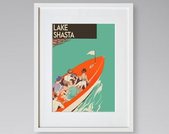 Lake Shasta Travel Print - California Travel Poster - Lake Shasta Boat Tour - Vintage Travel Poster - Framed Travel Print