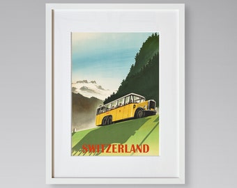 Switzerland Travel Print - European Travel Poster - Swiss Bus Tour - Vintage Travel Poster - Framed Travel Print