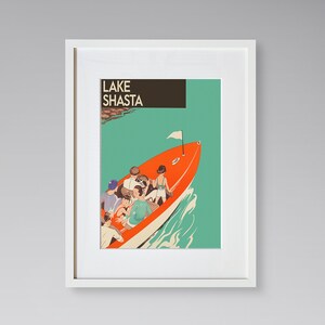 Lake Shasta Travel Print - California Travel Poster - Lake Shasta Boat Tour - Vintage Travel Poster - Framed Travel Print