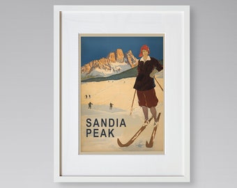 Sandia Peak Travel Print - New Mexico Travel Poster - Skiing Poster - Vintage Travel Poster - Framed Travel Print