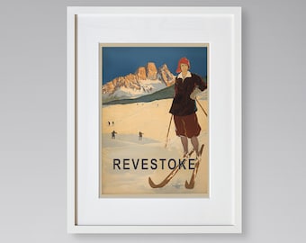 Revelstoke Travel Print - Cartel de viaje de Canadá - Cartel de esquí - Cartel de viaje vintage - Impresión de viaje enmarcada