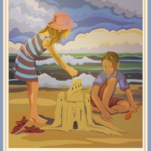 May include: Two children build a sandcastle on a beach. The girl wears a pink hat and a striped shirt. The boy wears a purple shirt. The sandcastle has a tower and a small gate. The beach is sandy and there are waves in the background.