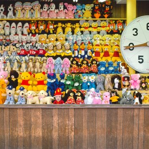 May include: A carnival game with a large spinning wheel and a wall of stuffed animals. The wheel has numbers 0, 1, 2, 3, 4, 5, and 6. The stuffed animals are mostly in shades of pink, blue, yellow, and green.