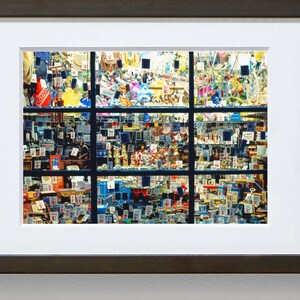 May include: A shop window display filled with a variety of items for sale. The window is divided into nine sections, each filled with a variety of colourful objects. The items include small toys, trinkets, and other miscellaneous goods. Many of the items have price tags attached to them.
