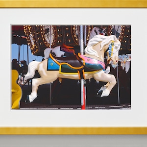 May include: A white carousel horse with a brown saddle, pink and green trim, and a blue and yellow mane. The horse is on a carousel with lights and other horses in the background.