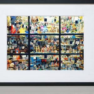 May include: A shop window display featuring a wide variety of items, including jewellery, toys, and other trinkets. The items are arranged in a grid pattern and displayed on shelves and in cases. Many of the items have price tags attached.