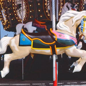 May include: A white carousel horse with a brown saddle and colorful trim. The horse is on a carousel with a red canopy and lights.