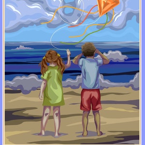 May include: Two children, a girl with long brown hair wearing a green dress and a boy with brown hair wearing a blue shirt and red shorts, stand on a sandy beach looking up at a bright orange kite flying in a blue sky with white clouds.