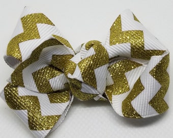 White and Gold Bow Set- Handmade bows for Girls- Custom made Bow-Handmade bows for babies-Pigtail Bows set-Piggy Bows-