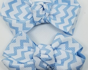Light Blue and White Chevron Bow Set-Handmade bows for Girls- Custom made Bow-Handmade bows for babies-Pigtail Bows set-Piggy Bows-Piggies