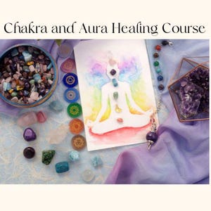 May include: A still life arrangement with a watercolour illustration of a meditating figure, chakra symbols, and gemstones. A bowl of mixed stones, a crystal pendulum, and a geometric glass container with amethyst crystals are also present.