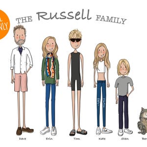 Ilustración de retrato familiar personalizado. Retrato familiar personalizado. Regalo de cumpleaños. Regalo personalizado. Dibujado a mano. Ilustración digital.