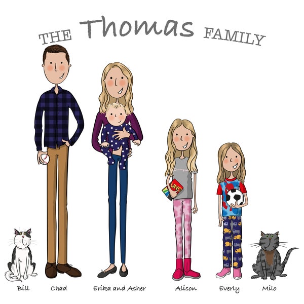 Custom family portrait illustration. Bespoke family portrait. Birthday gift. Personalised gift. Hand-drawn. Digital illustration.