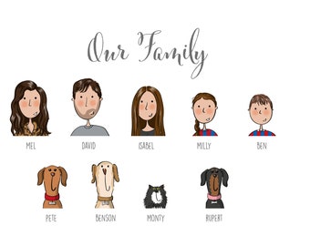 Custom family portrait illustration FACES ONLY. Bespoke family portraits. Original gift. Hand-drawn. Digital illustration.