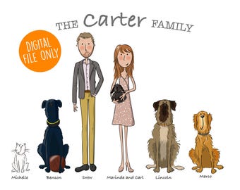 Custom family portrait illustration. Bespoke family portrait. Original gift. Personalised birthday gift. Digital digital illustration.