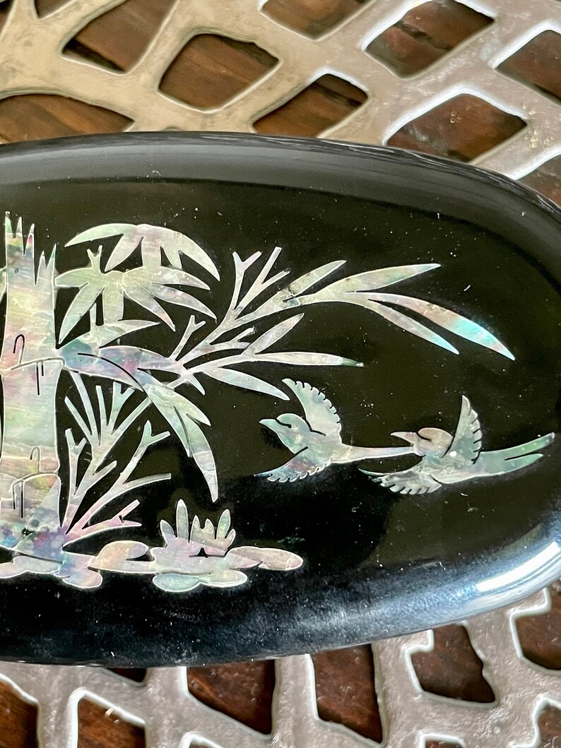 Black Lacquer Box Abalone Shell Inlay Trinket Box Asian Decor Bamboo ...