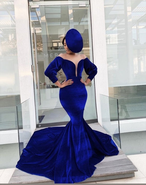 V Neck Mermaid Backless Royal Blue Long Prom Dresses, Royal Blue Merma –  Shiny Party