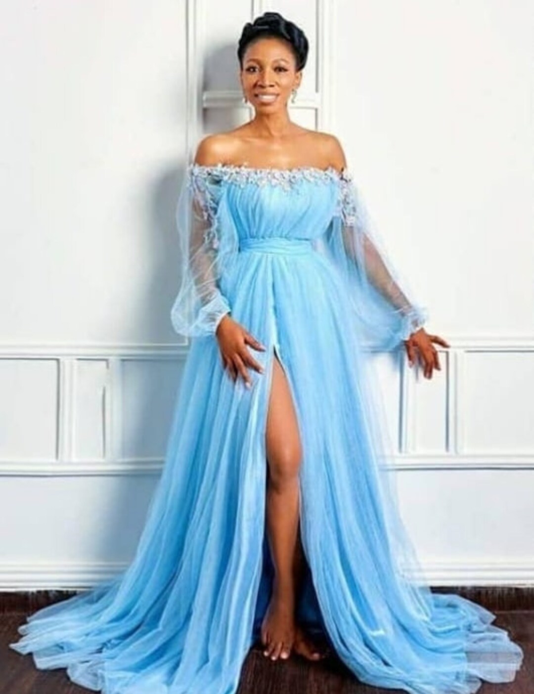 Blue Tulle Maxi Gown With High Slit/ Bridal Robe/wedding Robe/dress for ...