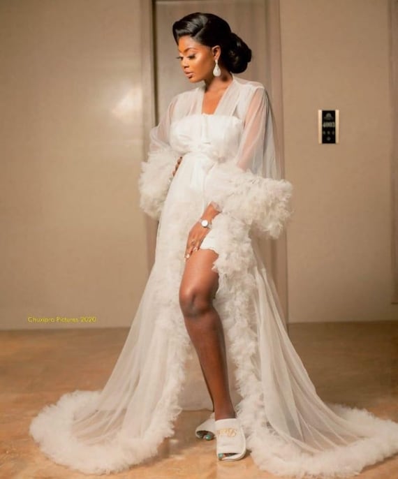 Long Bridal Robes / Bride Robe for Wedding Day / White Feather 