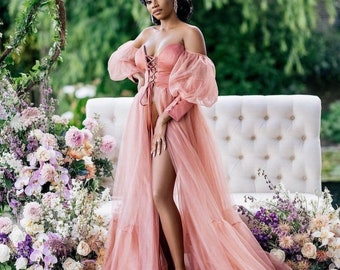 Matte rose gold Boudoir robe with high slit /Tulle Bridal Robe/Sheer Robe/Bridal bustier/Bridal Corset Robe/ Kimono robe/wedding day robe