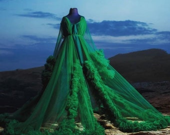 Green bridal robe/Wedding robe/Fur trimmed robe/wedding robes for brides/Elegant bridal robes