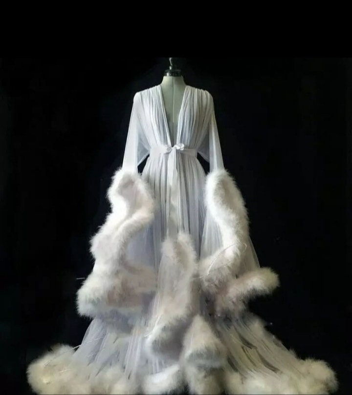 sheer robe with faux fur trim