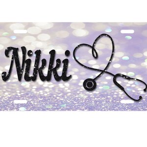 Glitter Health Care Stethoscope Monogram or Name Custom License Plate Purple Blue Pink or Green