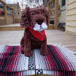 May include: A plush brown dog with a red bandana and white muzzle sits atop a folded red, black, and white striped blanket. The dog has curly fur and a friendly expression. The blanket has a woven pattern and fringe.