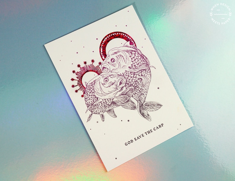 Xmas - Christmas - God Save The Carp - letterpressed postcard - polish pro vegan postcard