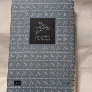 Op de afbeelding: Achterkant van een vintage boek met een lichtblauwe achtergrond en een patroon van herhaalde 'R'-tekens. Een zwart vierkant toont de tekst "Riverside Editions" en een springend hertenlogo. De randen van het boek zijn beschadigd.