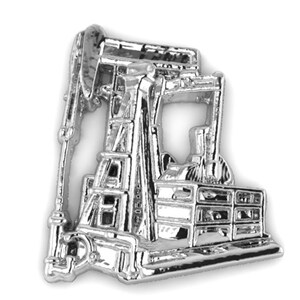 May include: A silver-colored metal charm in the shape of an oil derrick. The charm is detailed with a pump jack and a tank.