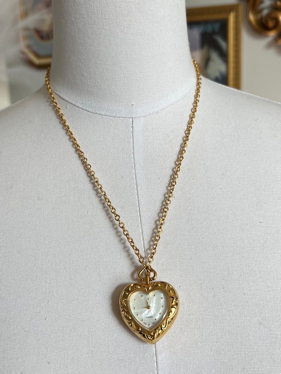 Vintage Gold Tone Heart Watch Necklace