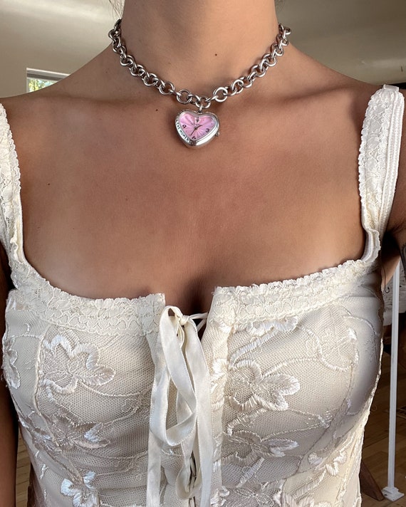 Vintage Pink Heart Watch Necklace