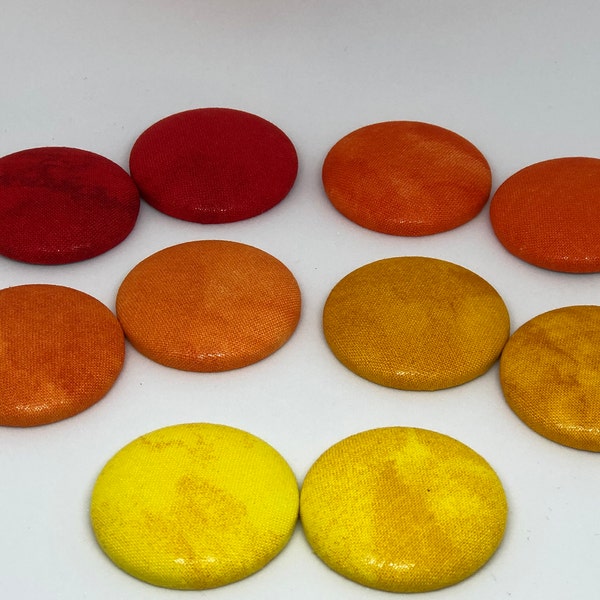 Fabric Covered Print Button Earrings, Nickel Free Post, Red, Orange, Yellow